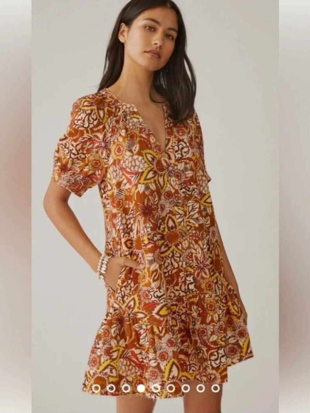 Anthropologie Pilcro Linen Cotton Puffed Sleeve Floral Motif Tapestry Dress XS